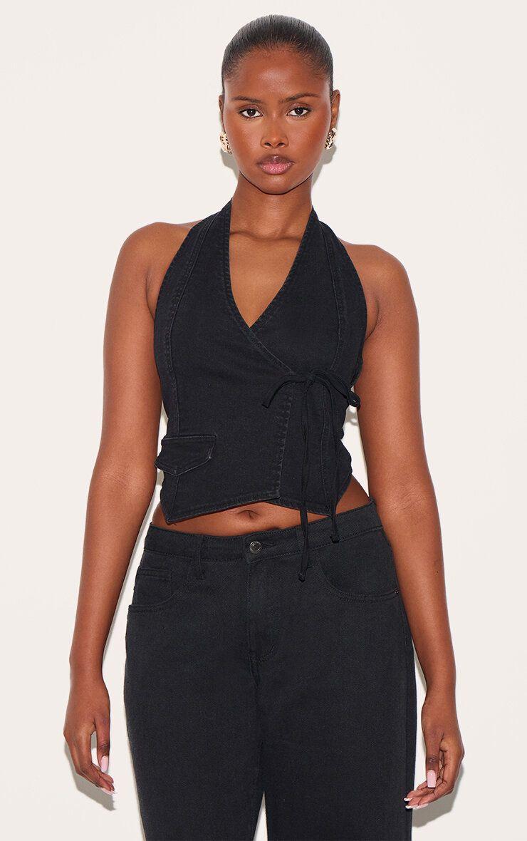 Halter Neck Wrap Front Denim Waistcoat by PRETTYLITTLETHING