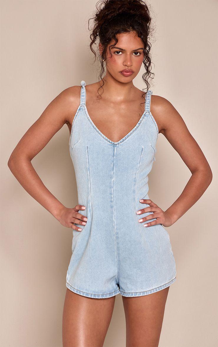 Knot Strap Denim Playsuit by PRETTYLITTLETHING