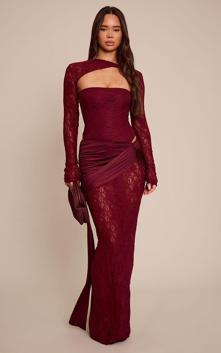 Lace Ruched Wrap Slinky Maxi Skirt by PRETTYLITTLETHING