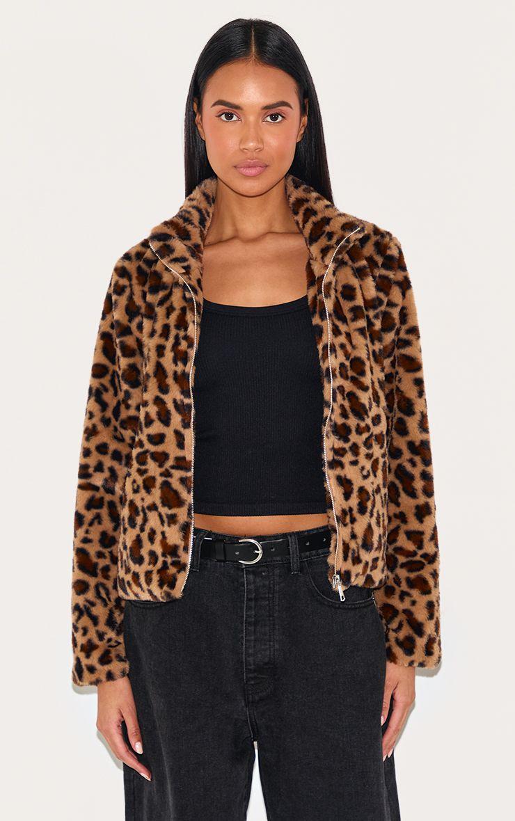 Leopard Fleece Zip Up Jacket by PRETTYLITTLETHING
