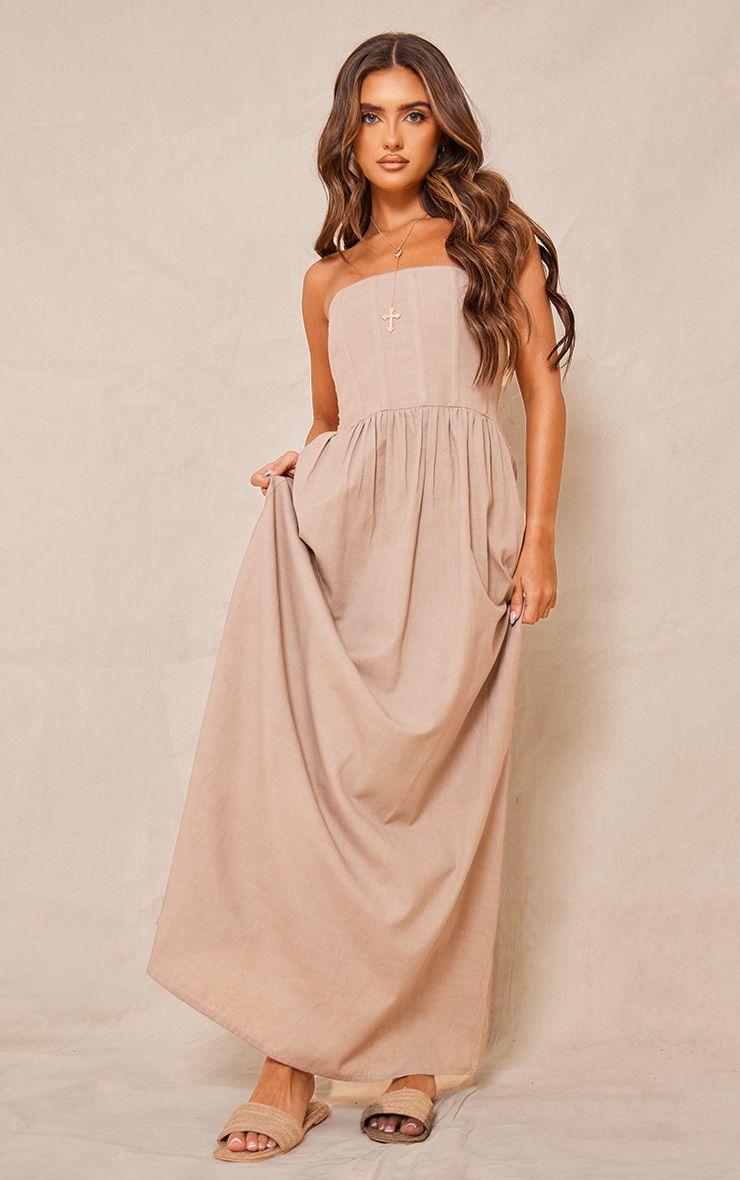 Linen Look Corset Bandeau Maxi Dress by PRETTYLITTLETHING