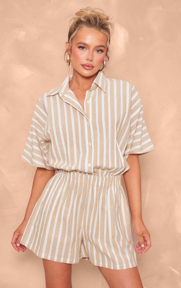 Linen Look Pinstripe Button Up Shirt Detail Playsuit by PRETTYLITTLETHING