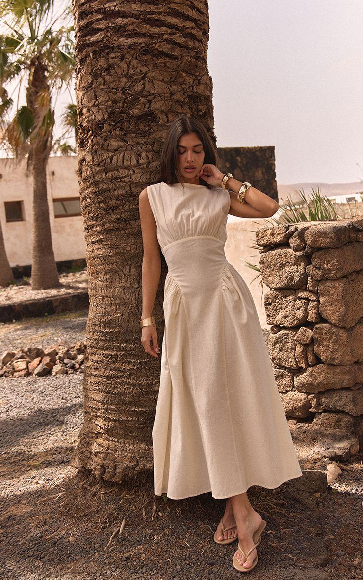 Linen Look Ruched Waist Maxi Dress by PRETTYLITTLETHING