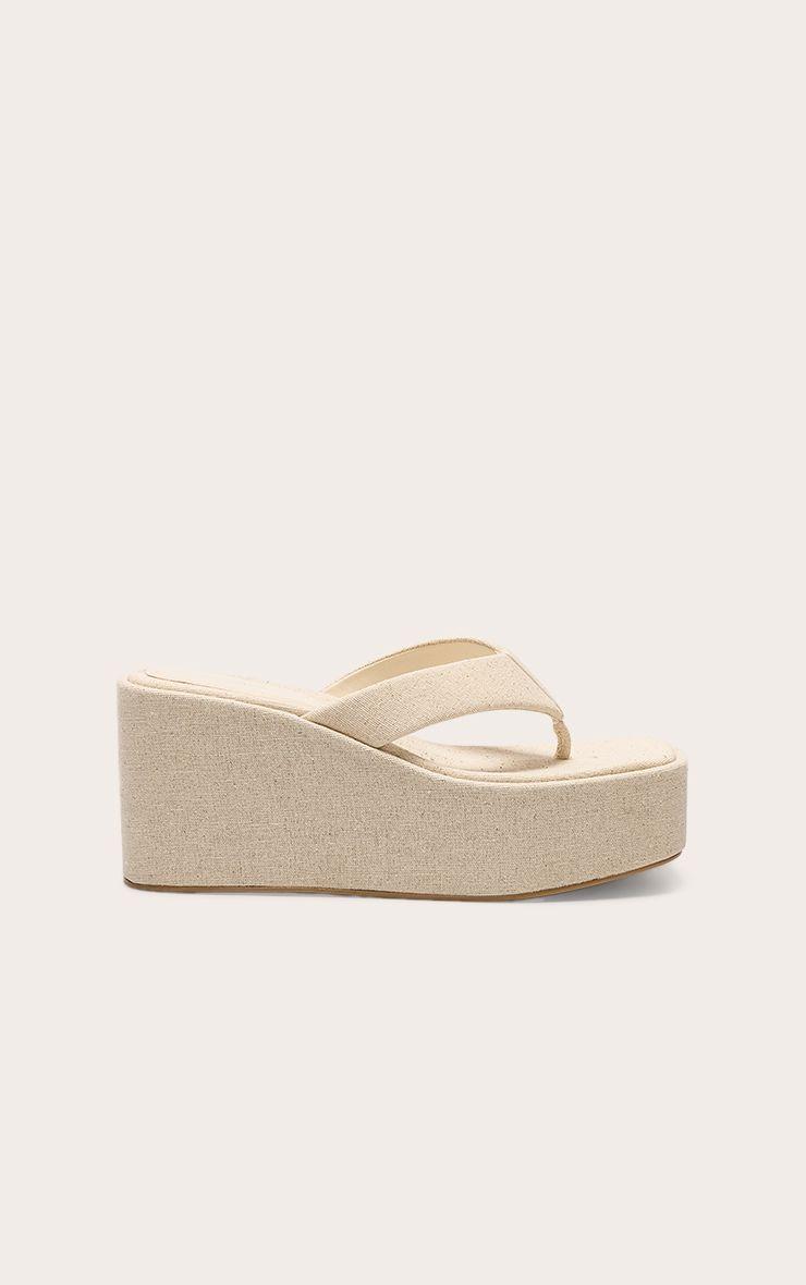 Linen Square Toe Thong Flatform Wedge Sandals by PRETTYLITTLETHING