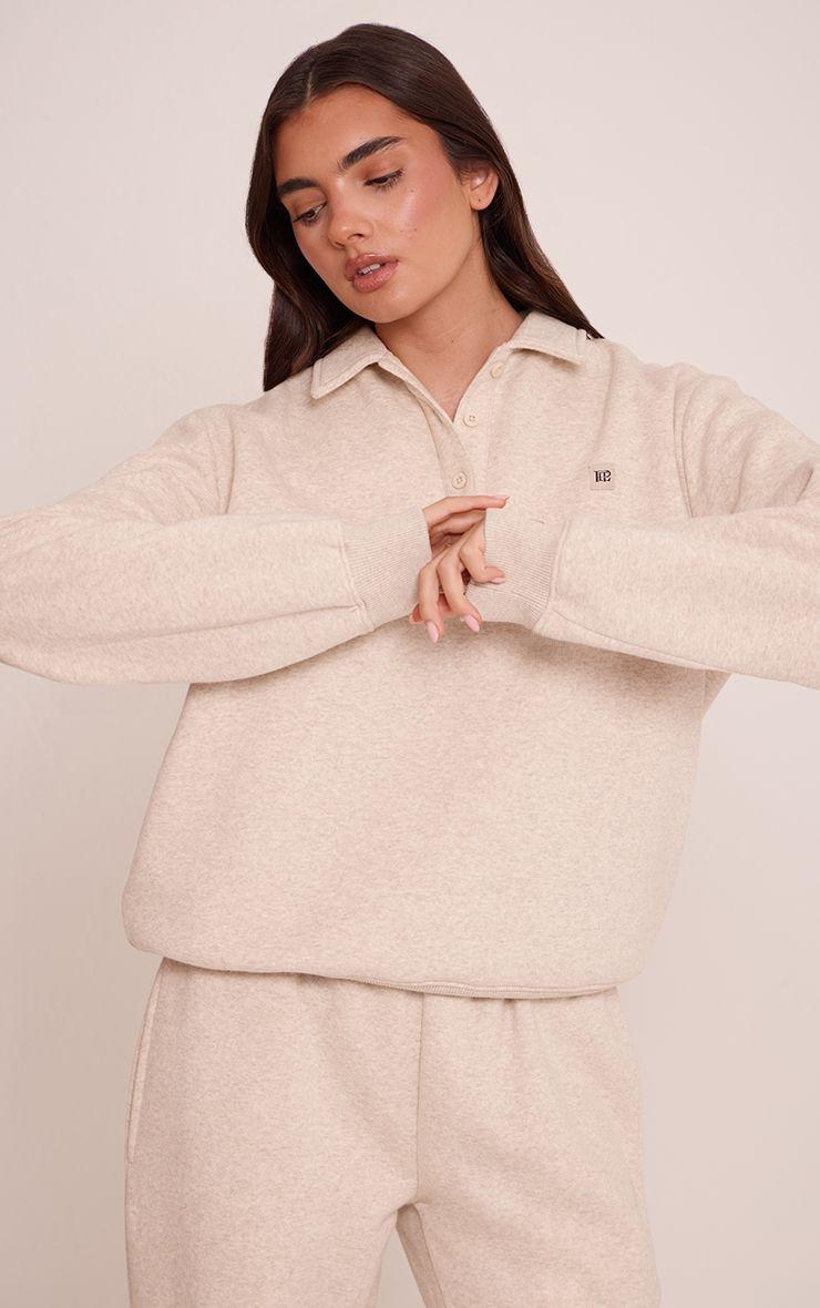 Marl PLT Badge Cotton Fleece Polo Sweatshirt by PRETTYLITTLETHING