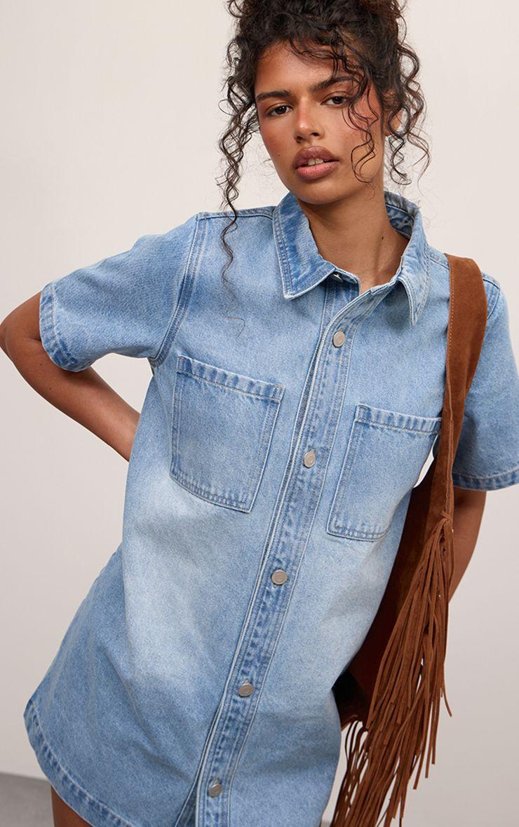 Mid Blue Contrast Stitch Denim Shirt Dress by PRETTYLITTLETHING
