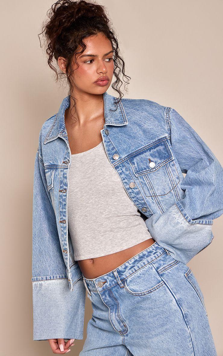 Mid Blue Slim Fit Turn Up Cuff Denim Jacket by PRETTYLITTLETHING