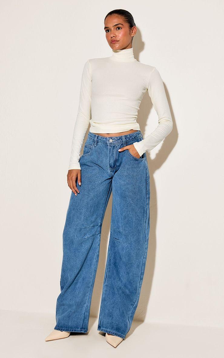 Mid Blue Wash Seam Detail Barrel Jean by PRETTYLITTLETHING