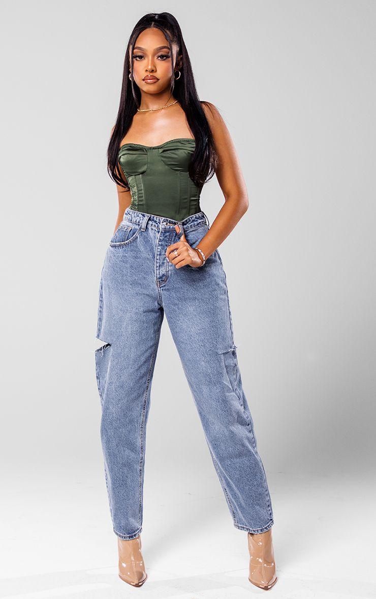 Mid Wash Thigh Split Baggy Boyfriend Jeans by PRETTYLITTLETHING