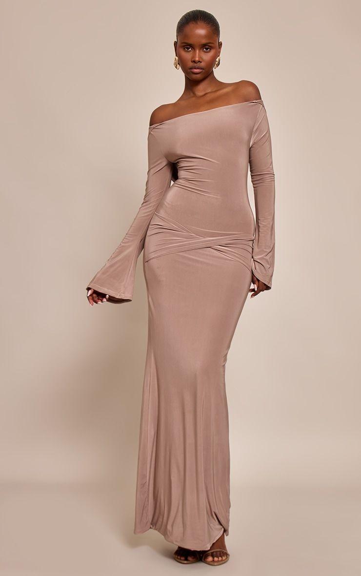 Mocha Double Slinky Twist Detail Maxi Dress, Brown | Size: 16 by PRETTYLITTLETHING