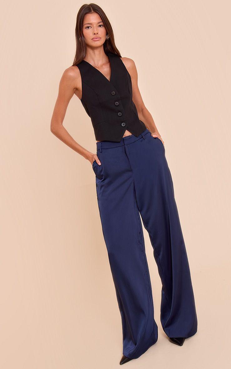 Navy Satin Tailored Detail Wide Leg Trousers by PRETTYLITTLETHING