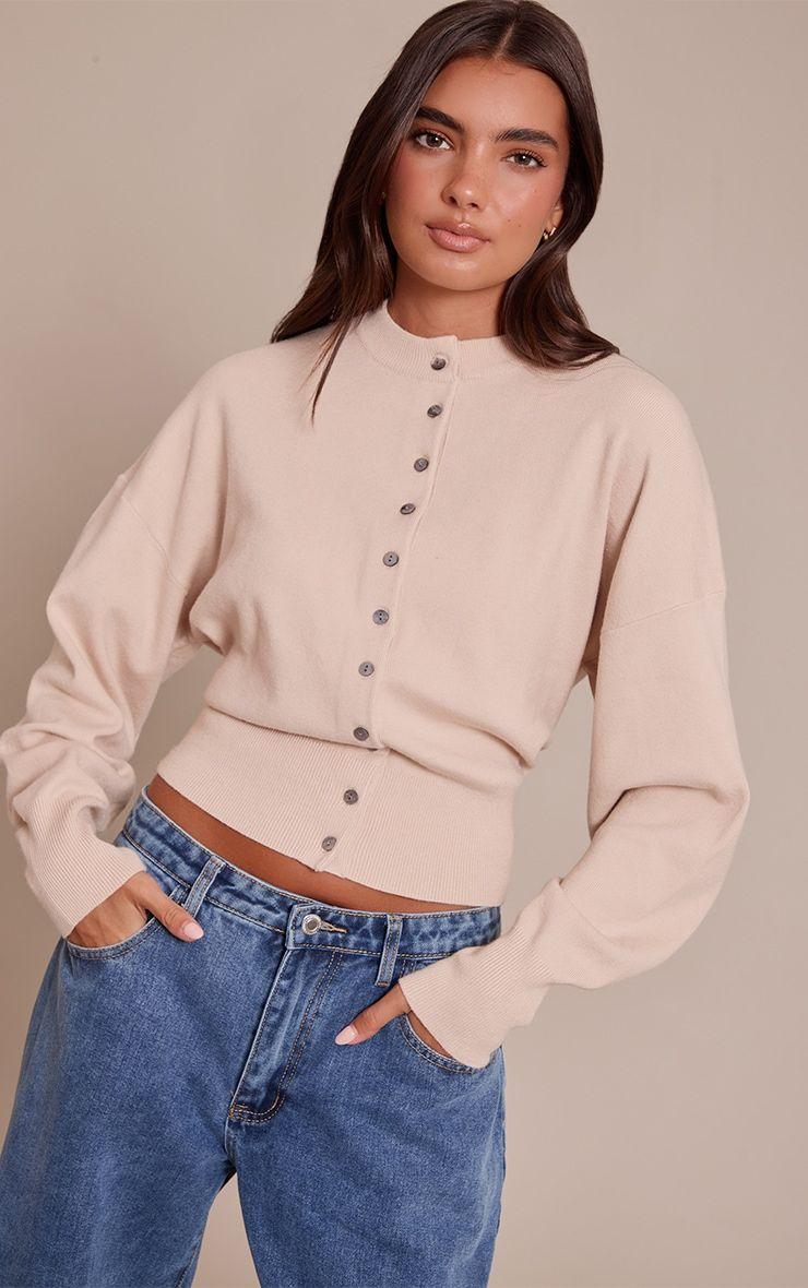 Oat meal Compact Knitted Cardigan Sweater, Oatmeal by PRETTYLITTLETHING