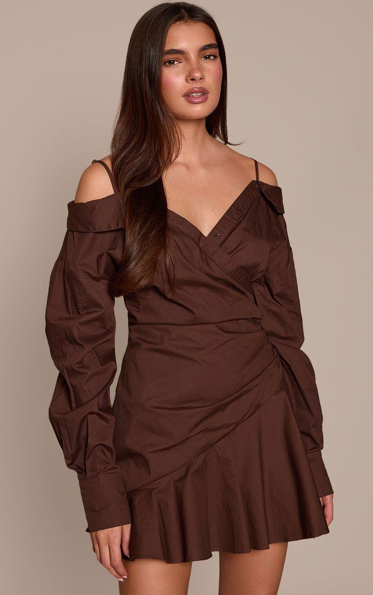 Off The Shoulder Asymmetric Shirt Dress by PRETTYLITTLETHING