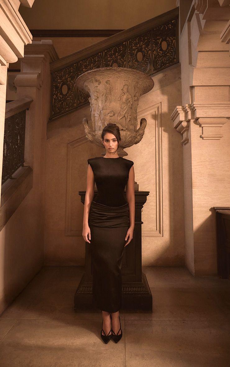 PLT Label Black Velvet Extreme Shoulder Ruched Satin Midaxi Dress by PRETTYLITTLETHING