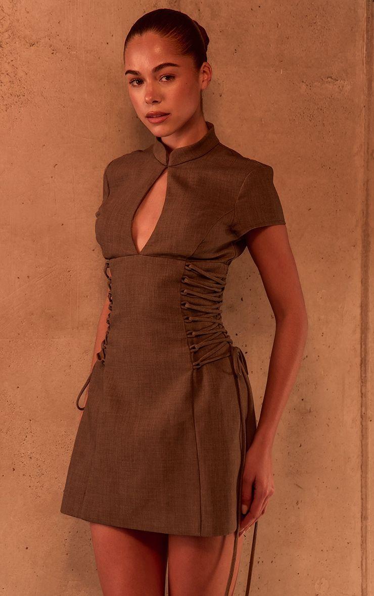 PLT Label Mocha Tailored Band Collar Lace Up A-line Dress by PRETTYLITTLETHING