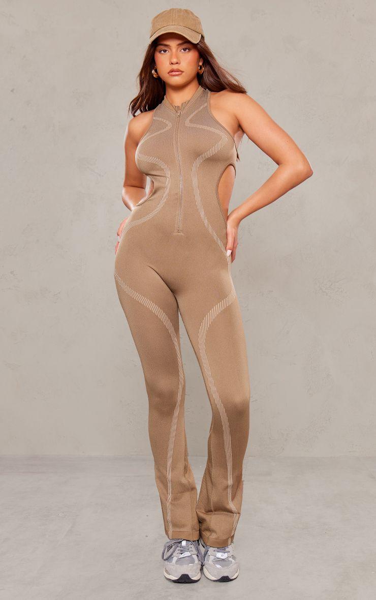 PRETTYLITTLETHING  Seamless Contrast Seam Cut Out Sleeveless Unitard by PRETTYLITTLETHING