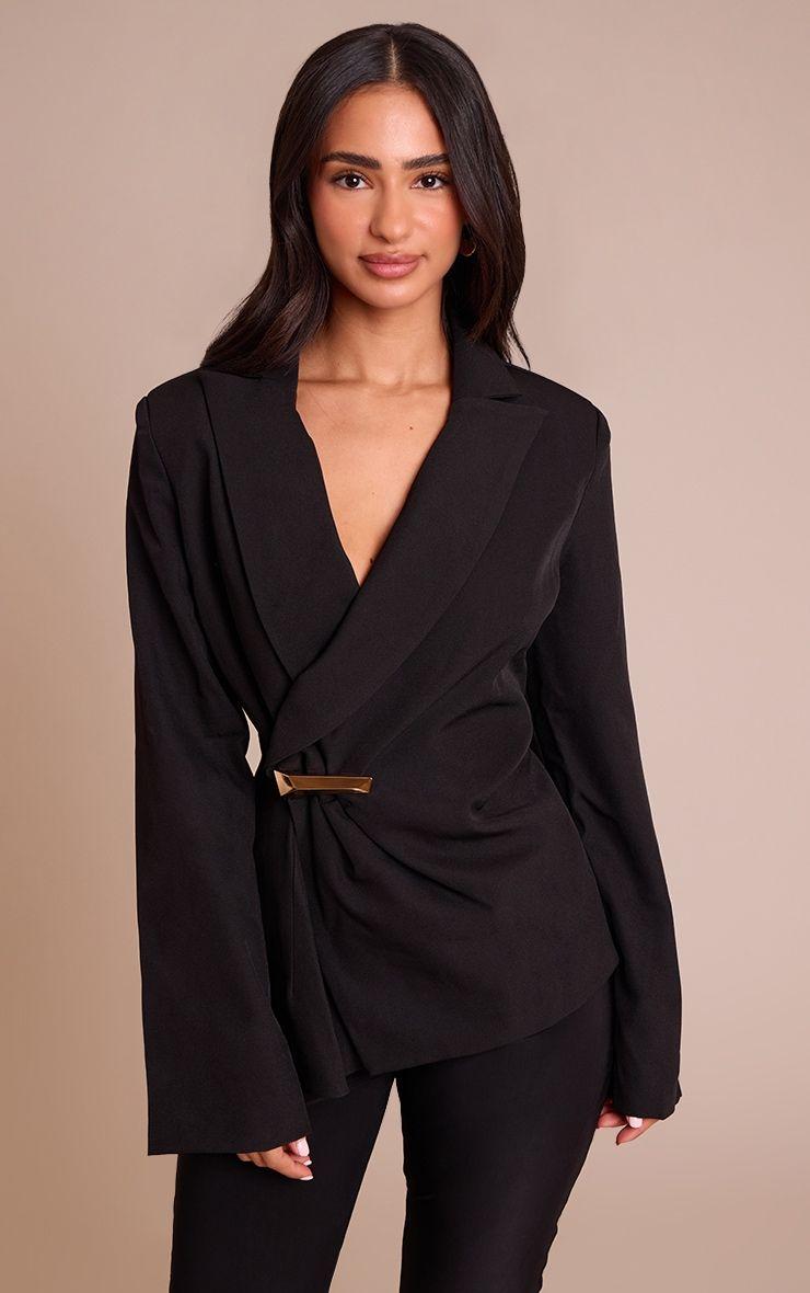 Petite Black Asymmetric Style Wrap Blazer by PRETTYLITTLETHING