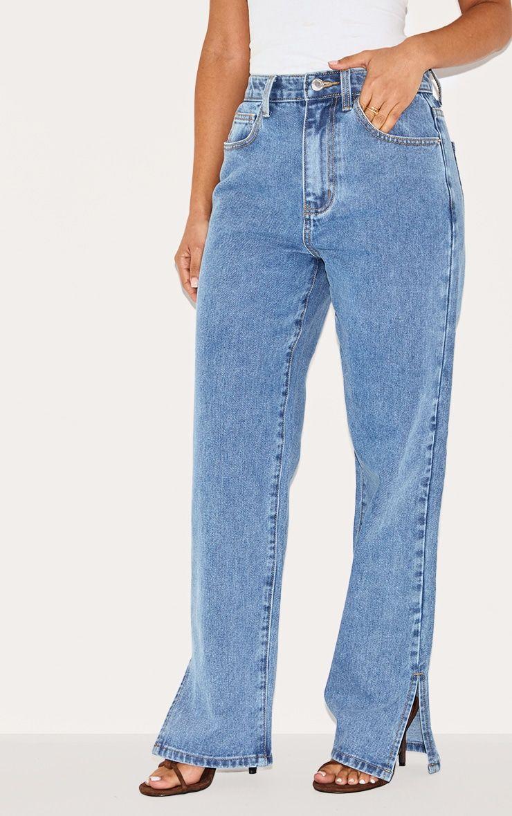 Petite Blue Vintage Wash Split Hem Jeans by PRETTYLITTLETHING