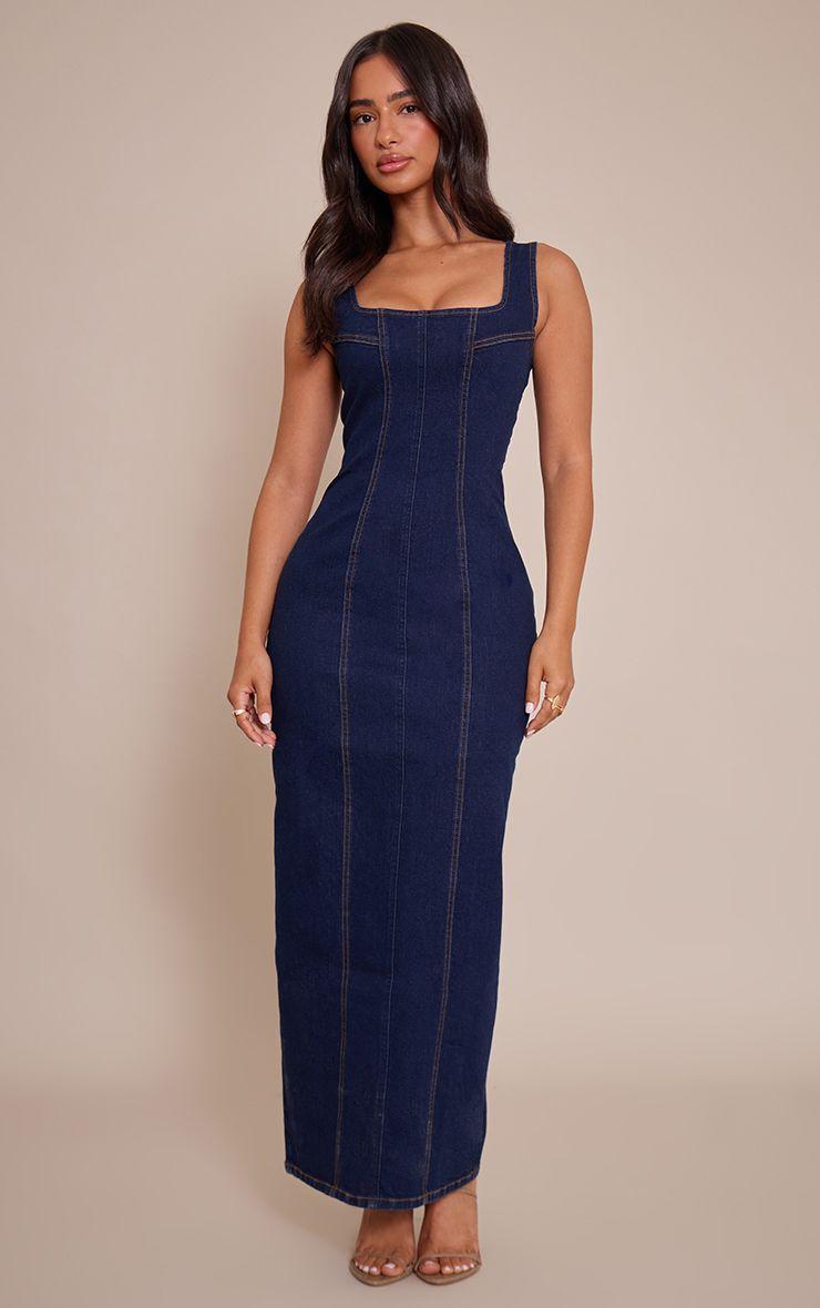 Petite  Bodycon Seam Detail Denim Maxi Dress by PRETTYLITTLETHING