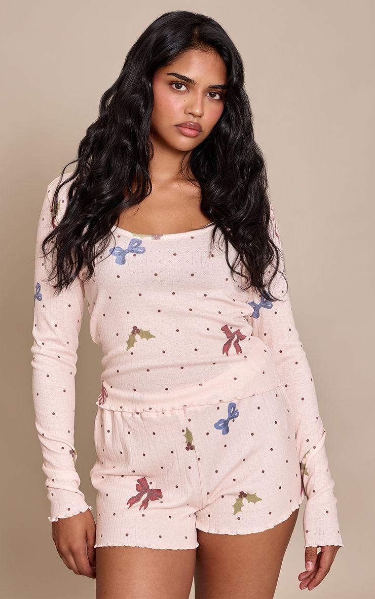 Petite  Christmas Bow Jersey Fitted Long Sleeve Top and Shorts PJ Set by PRETTYLITTLETHING