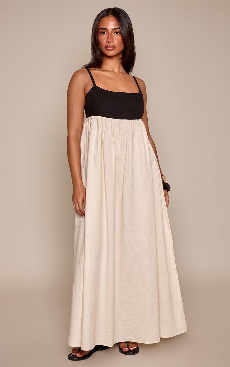 Petite  Contrast Linen Look Strappy Maxi Dress by PRETTYLITTLETHING