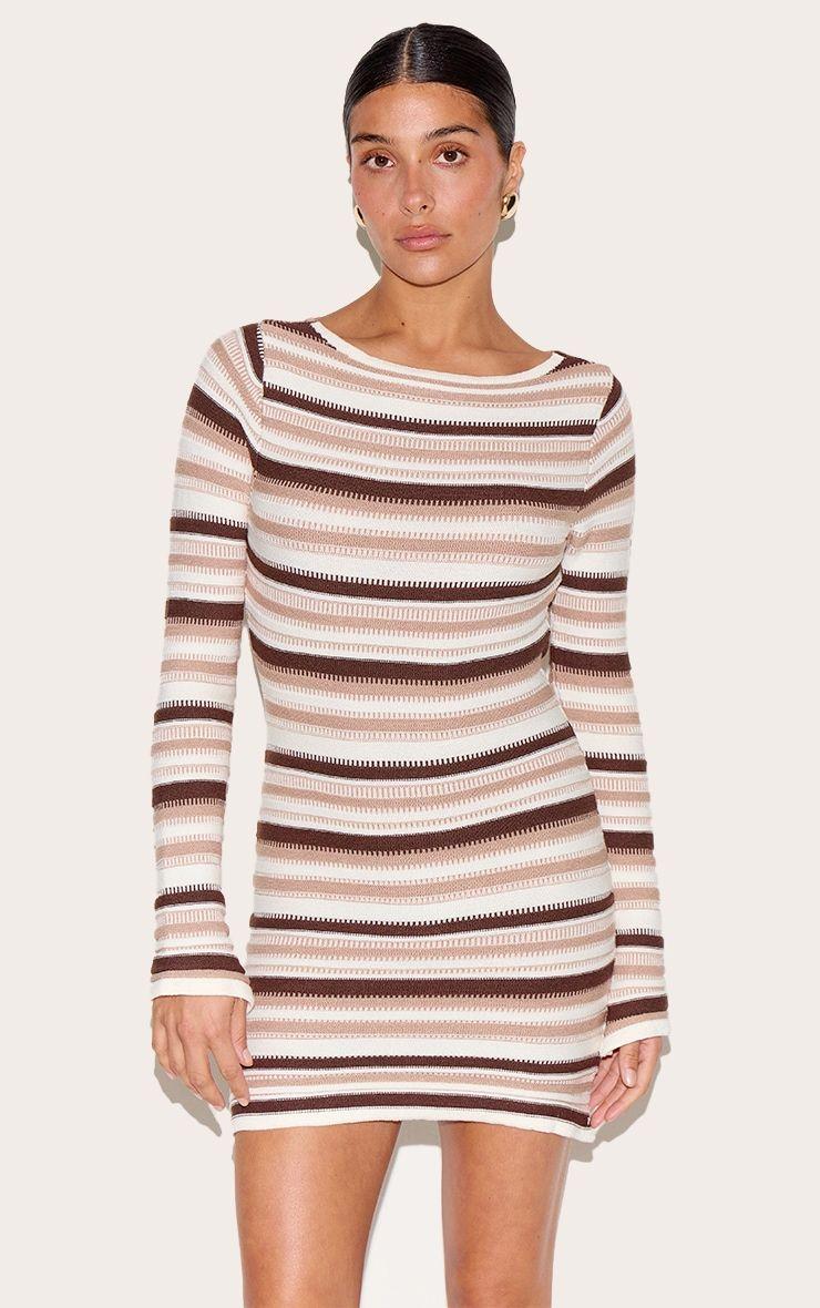 Petite Cream Knitted Stripe Long Sleeve Mini Dress by PRETTYLITTLETHING