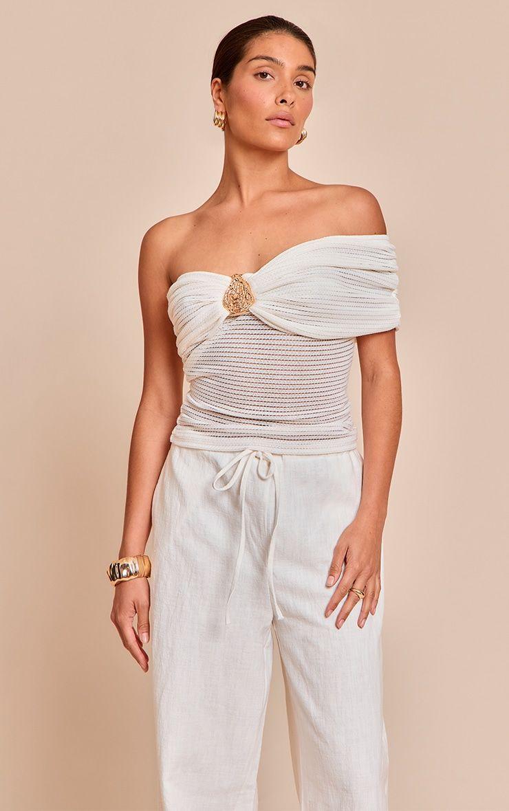 Petite Cream Textured Trim Detail One Shoulder Bardot by PRETTYLITTLETHING