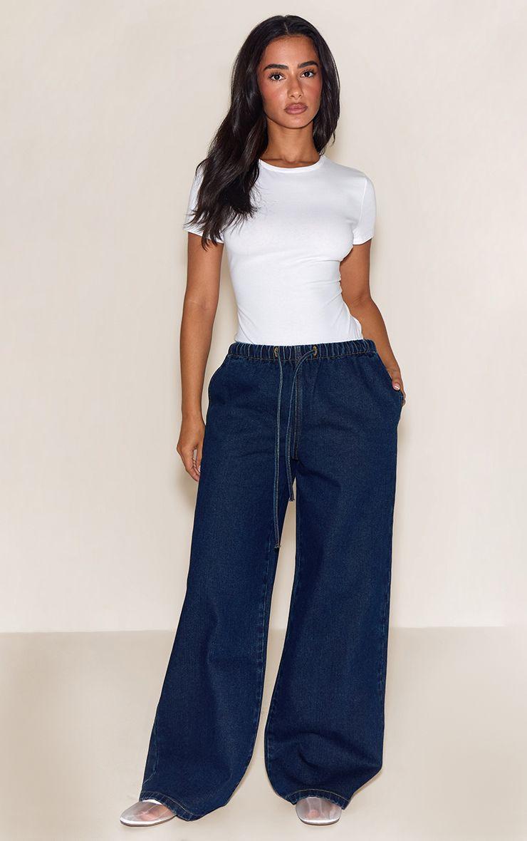 Petite  Denim Elasticated Tie Waist Wide Leg Jeans by PRETTYLITTLETHING