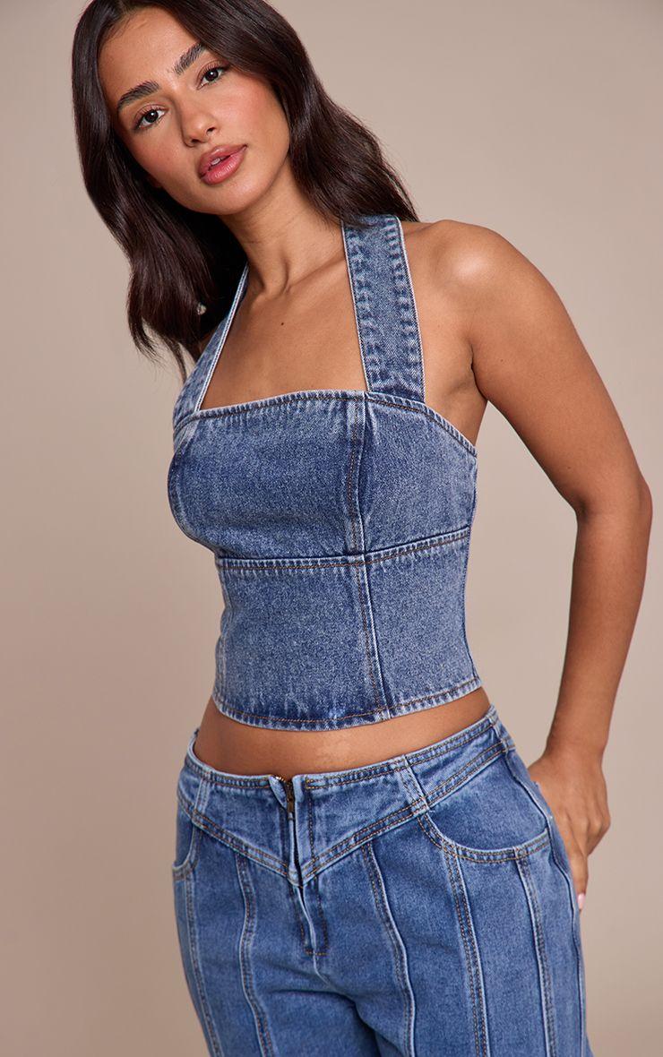Petite  Denim Halterneck Top by PRETTYLITTLETHING