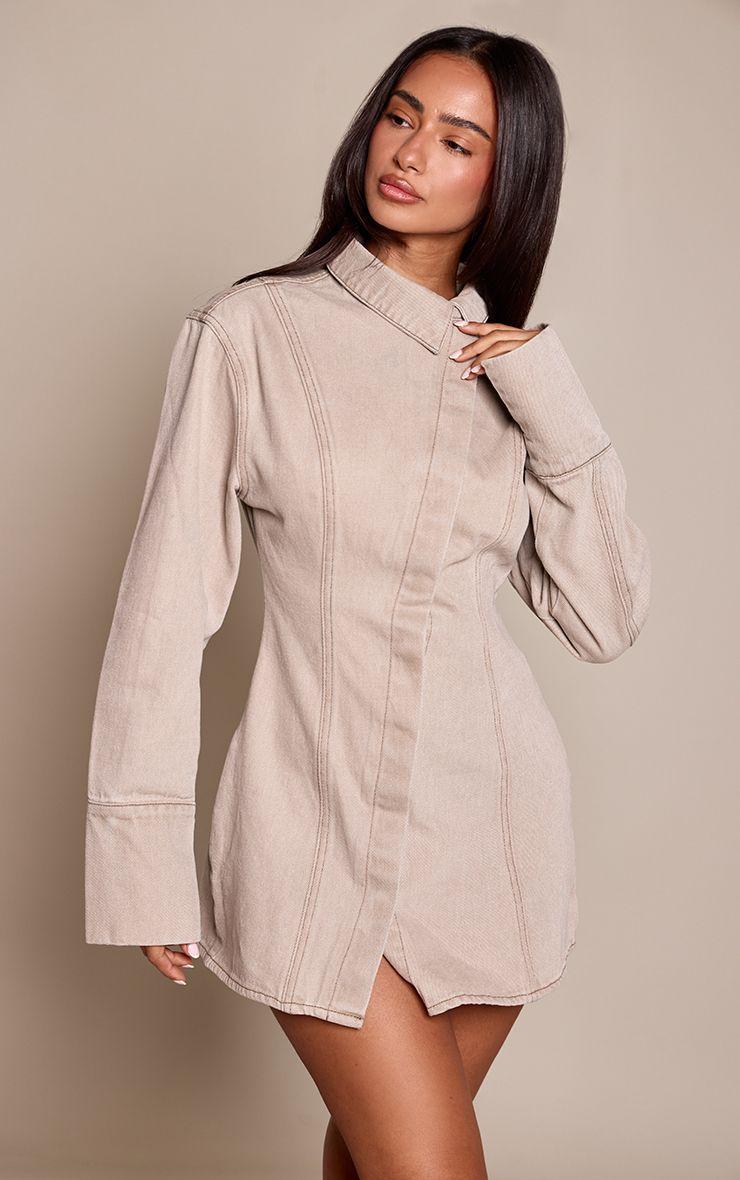 Petite  Denim Long Sleeve Asymmetric Shift Mini Dress by PRETTYLITTLETHING