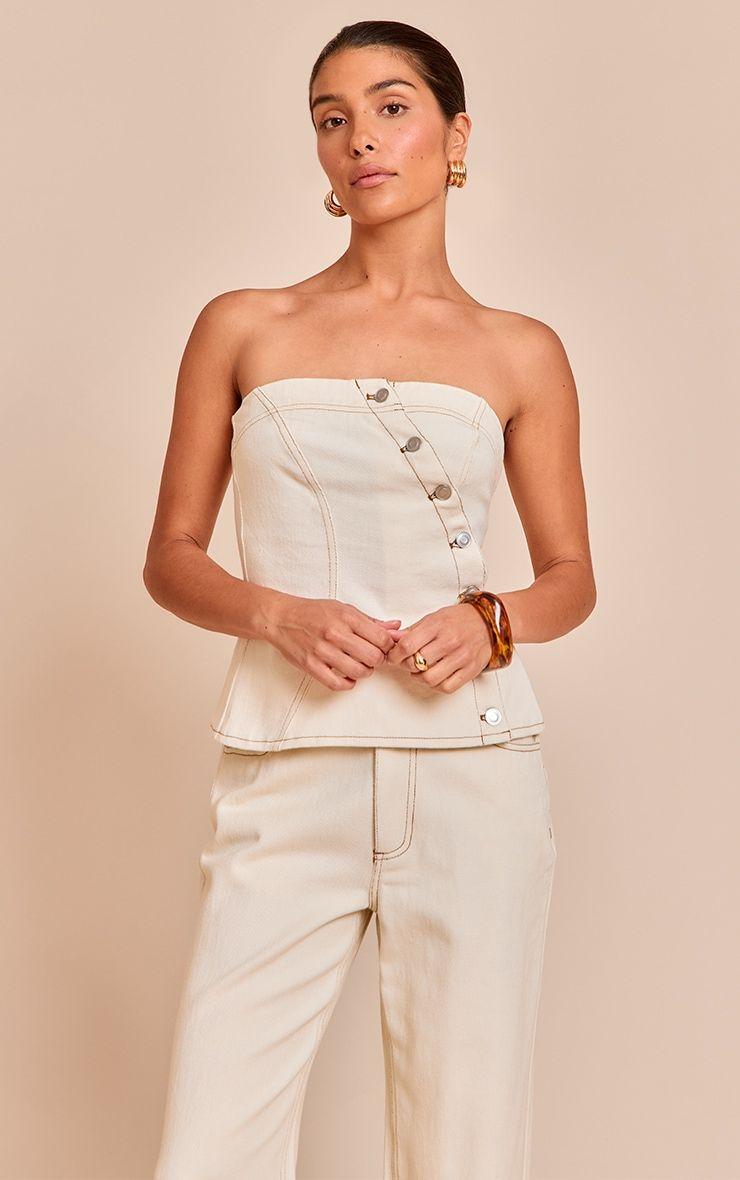 Petite Ecru Denim Asymmetric Button Bandeau Top by PRETTYLITTLETHING