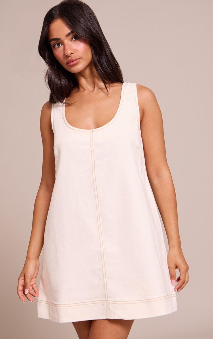 Petite Ecru Denim Sleveless A-line Mini Dress by PRETTYLITTLETHING