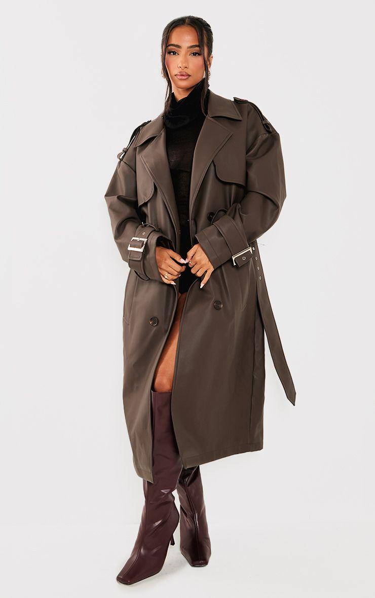 Petite  Faux Leather Buckle Trench Coat by PRETTYLITTLETHING