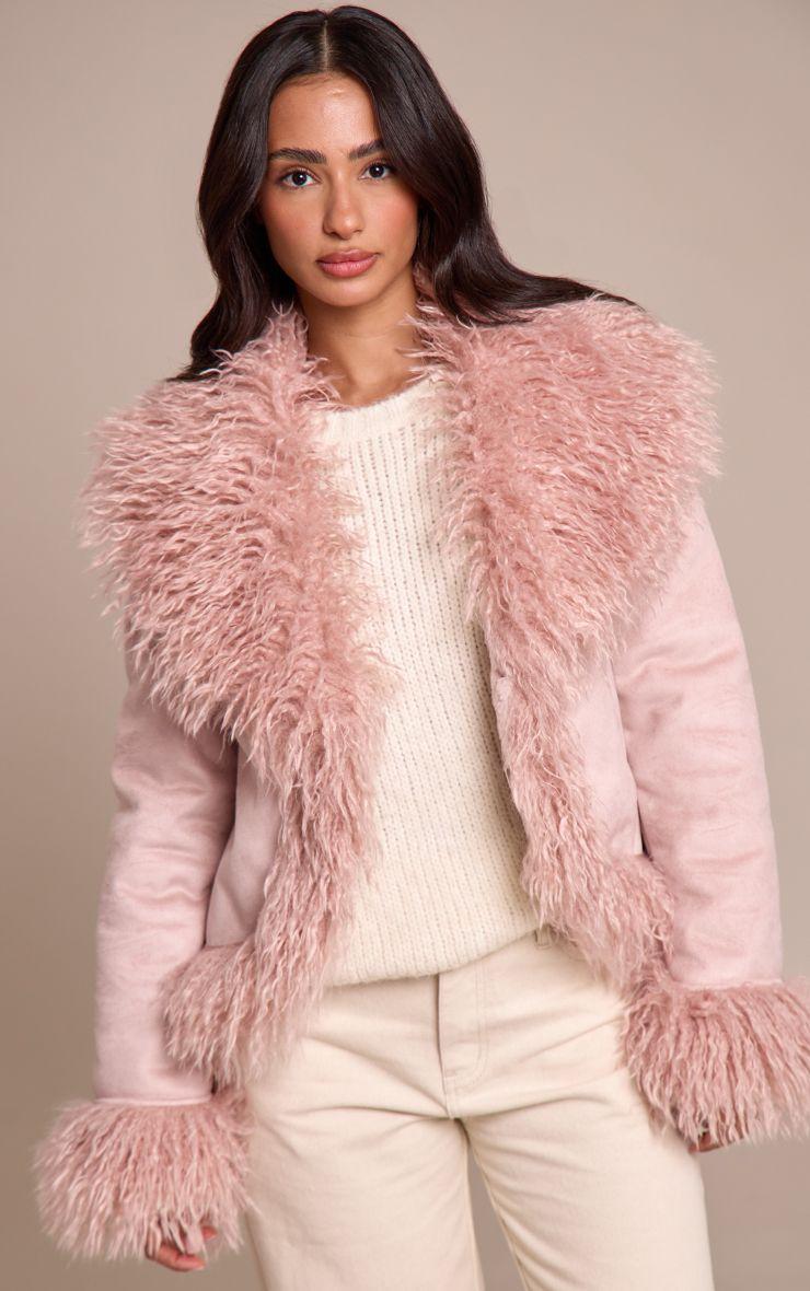 Petite  Faux Suede Fur Trim Afghan Coat by PRETTYLITTLETHING