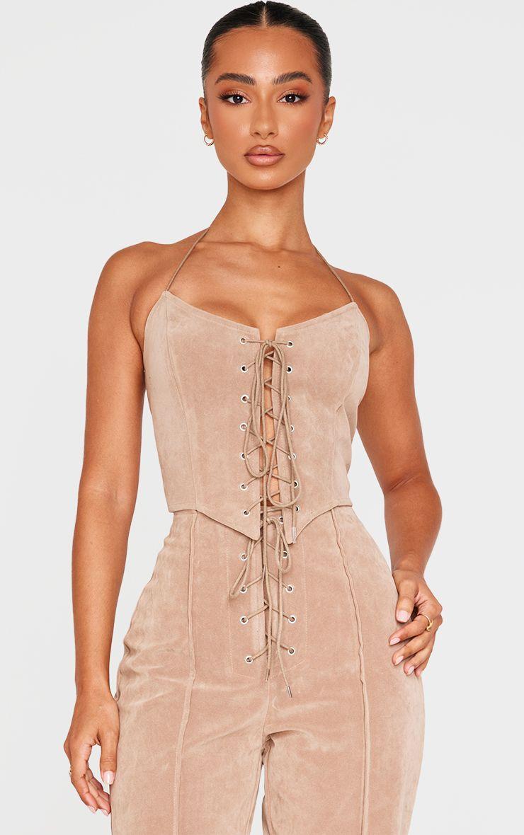 Petite  Faux Suede Lace Up Corset Top Co-ord by PRETTYLITTLETHING