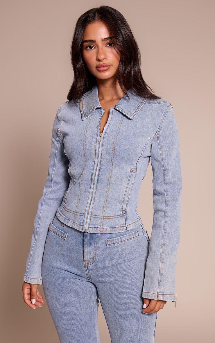 Petite  Fitted Zip Up Denim Jacket by PRETTYLITTLETHING