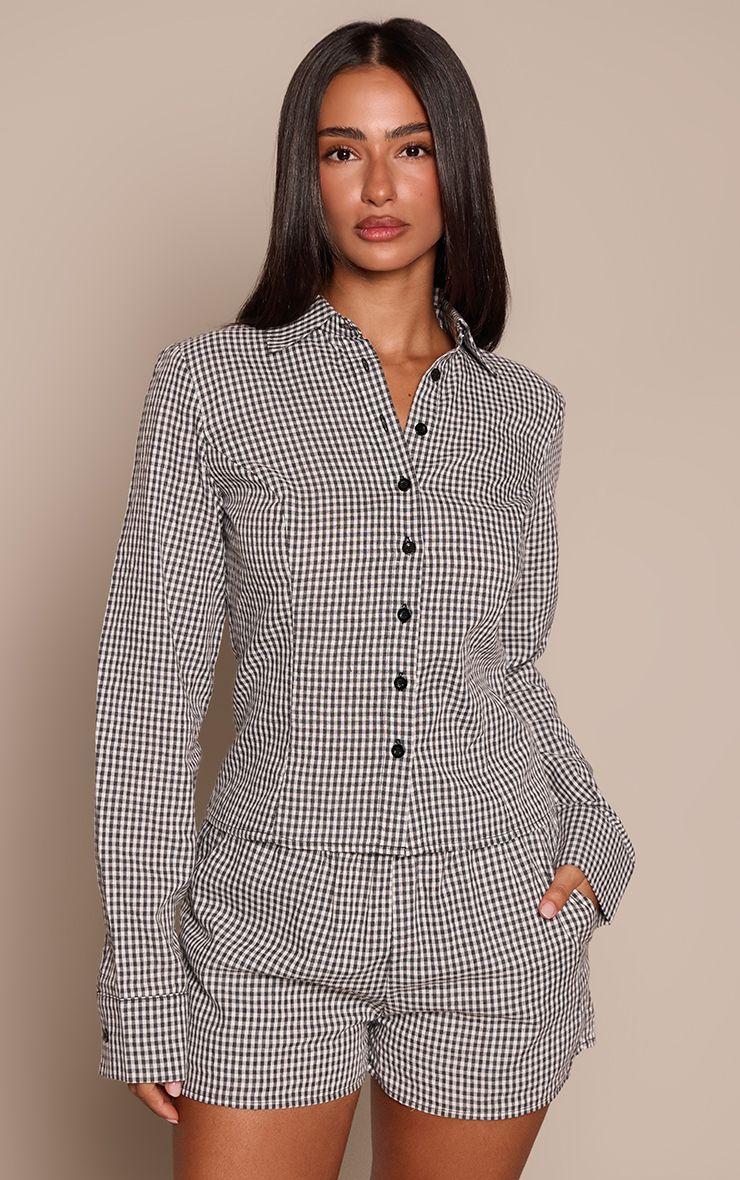 Petite  Gingham Button Up Fitted Long Sleeve Shirt Co-ord by PRETTYLITTLETHING