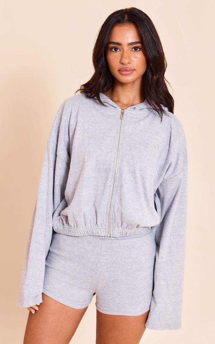 Petite Grey Marl Super Soft PLT Embroidered Zip Up Jacket by PRETTYLITTLETHING