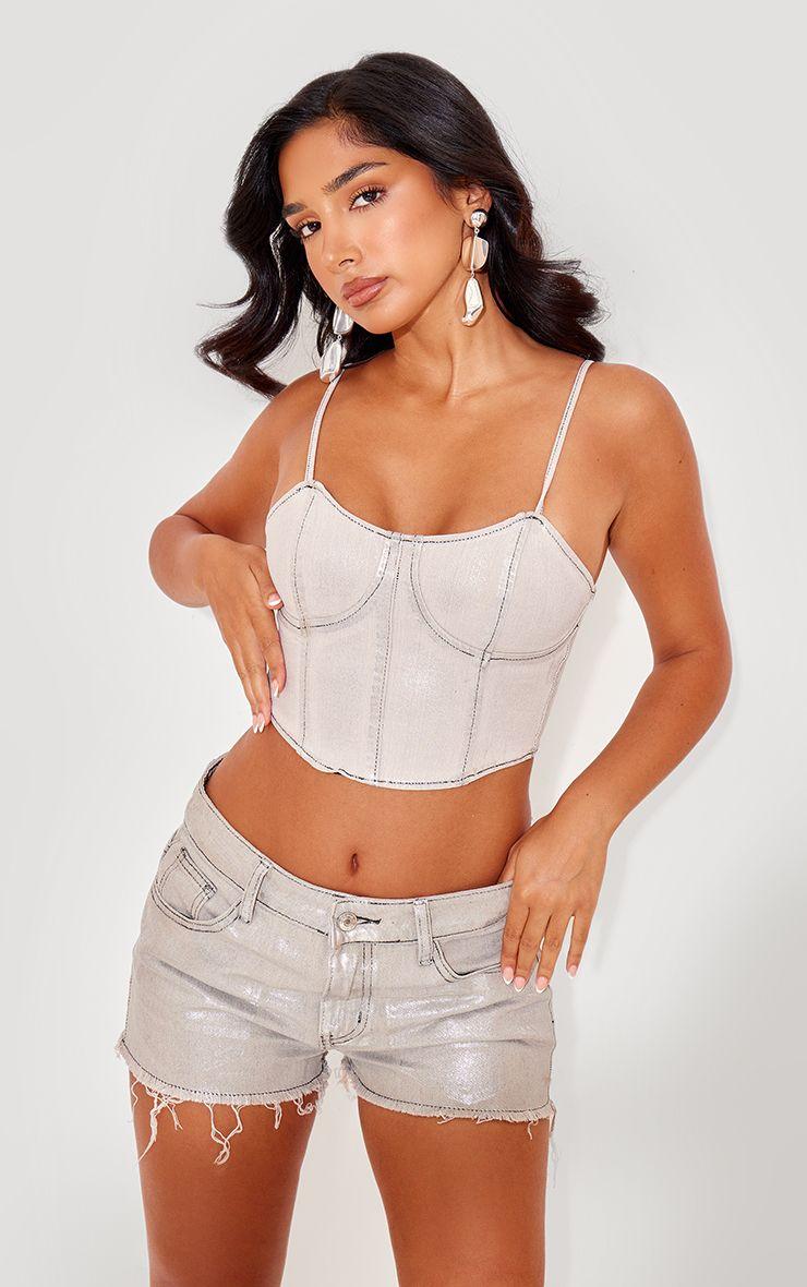 Petite  Metallic Denim Corset Top by PRETTYLITTLETHING