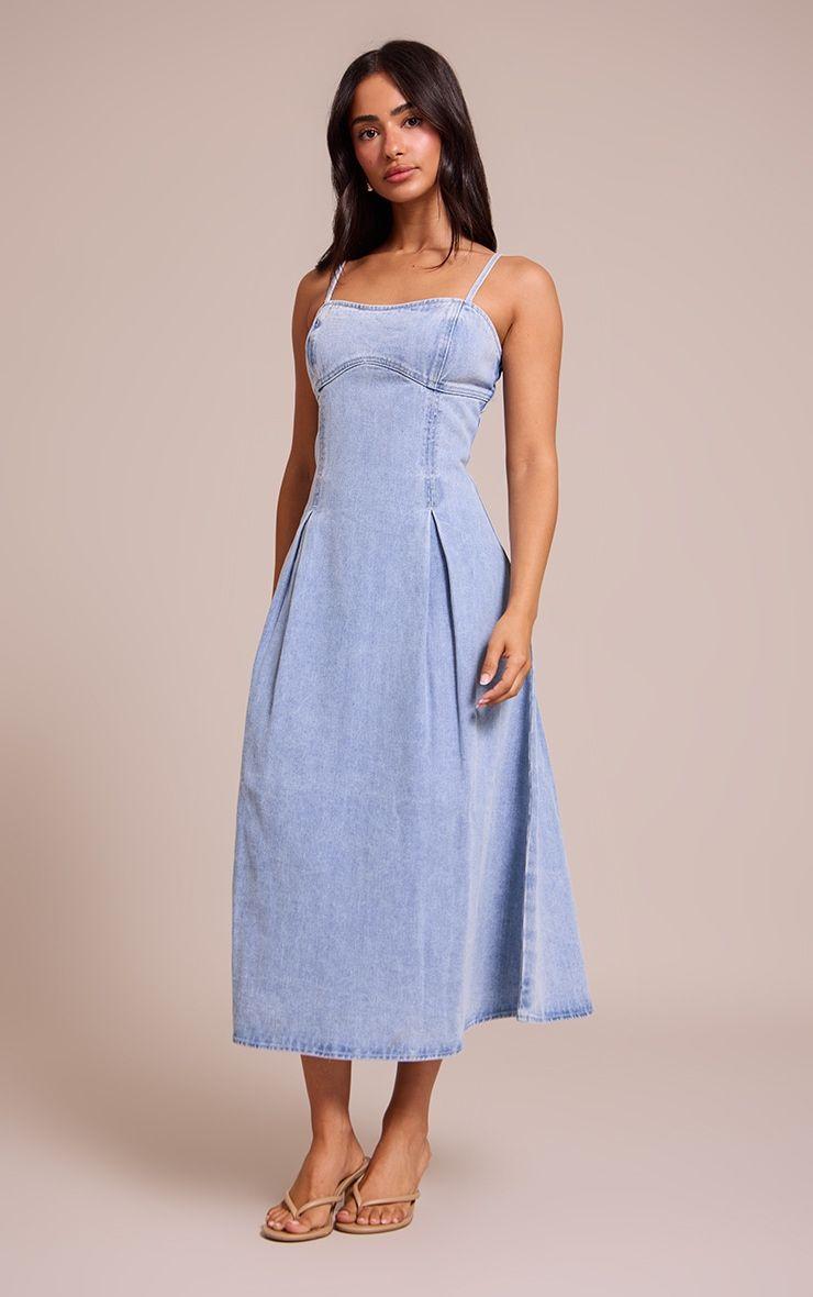 Petite Mid Blue Denim Skater Dress, Mid Blue Wash by PRETTYLITTLETHING