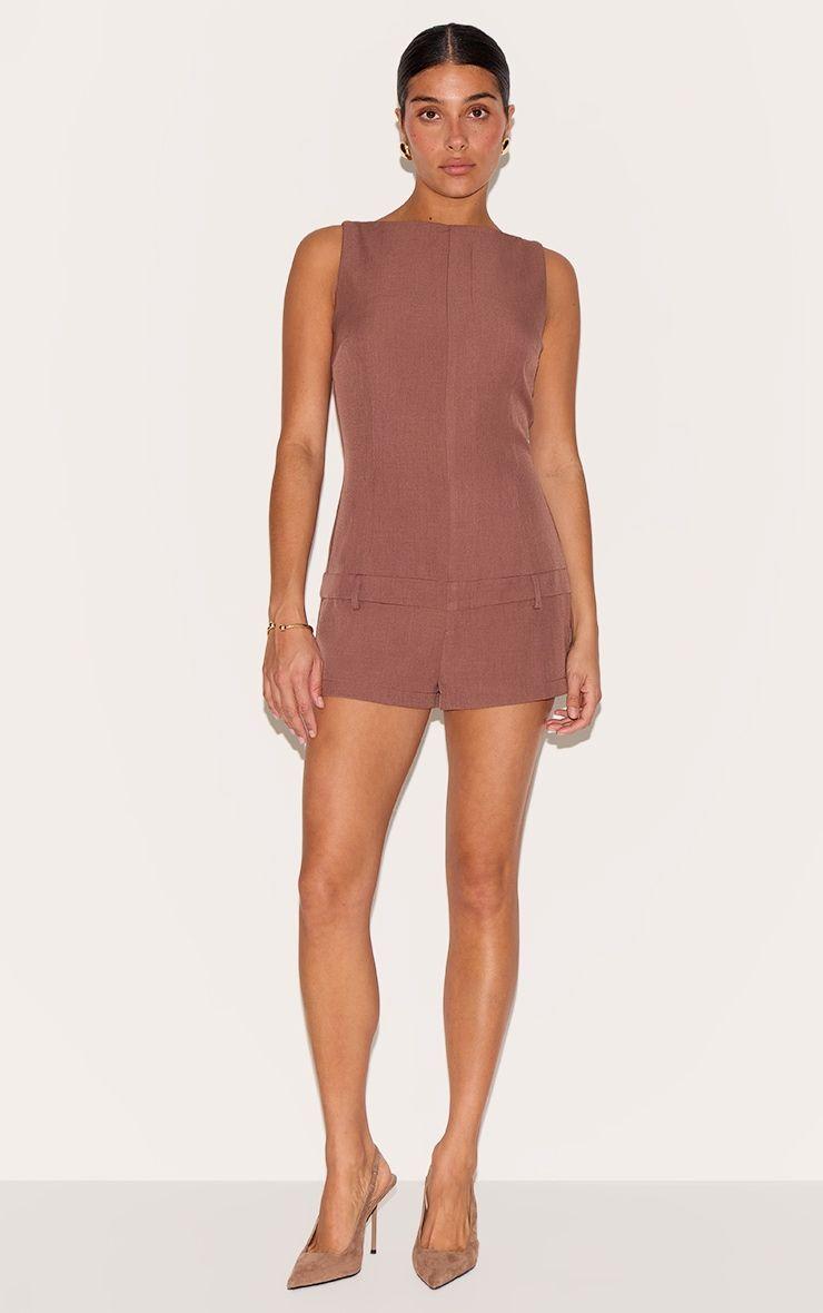 Petite Mocha Tailored Boat Neck Playsuit by PRETTYLITTLETHING