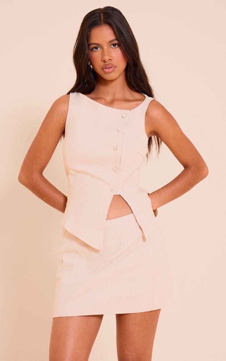 Petite Natural Premium Linen Look Asymmetric Button Up Waistcoat by PRETTYLITTLETHING