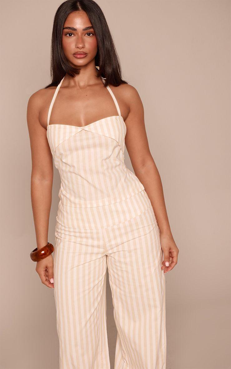 Petite  Pinstripe Foldover Halterneck Linen Look Top Co-ord by PRETTYLITTLETHING