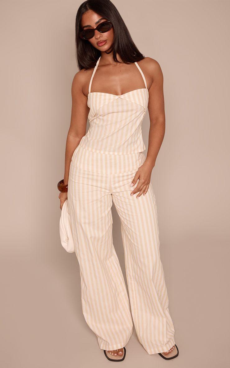 Petite  Pinstripe Wide Leg Linen Look Trousers by PRETTYLITTLETHING