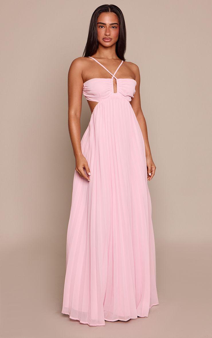 Petite  Pleated Tie Front Cut Out Waist Bandeau Maxi Dress by PRETTYLITTLETHING