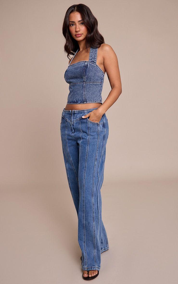 Petite Seam Detail Zip Up Jeans, Mid Blue Wash by PRETTYLITTLETHING