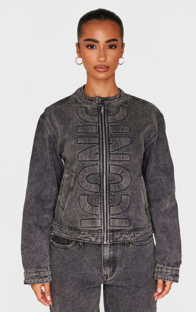 Petite Washed Black Iconic Embossed Denim Jacket by PRETTYLITTLETHING