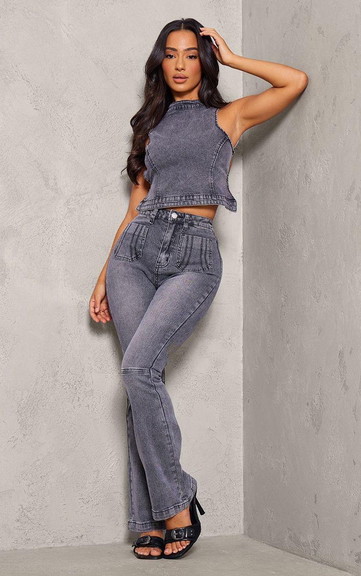 Petite Washed Charcoal Denim Fitted Flared Jeans by PRETTYLITTLETHING