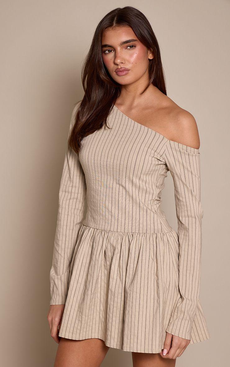Pinstripe Asymmetric Long Sleeve Shift Dress by PRETTYLITTLETHING