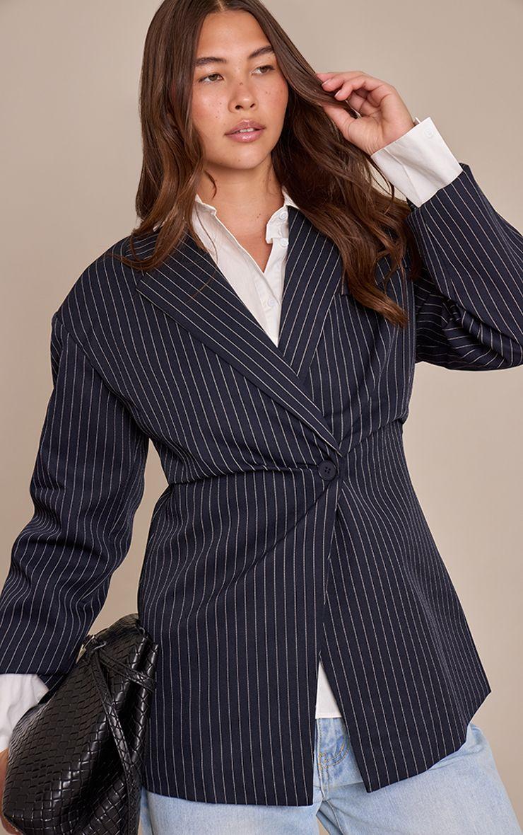 Pinstripe Gathered Cinched Waist Blazer by PRETTYLITTLETHING